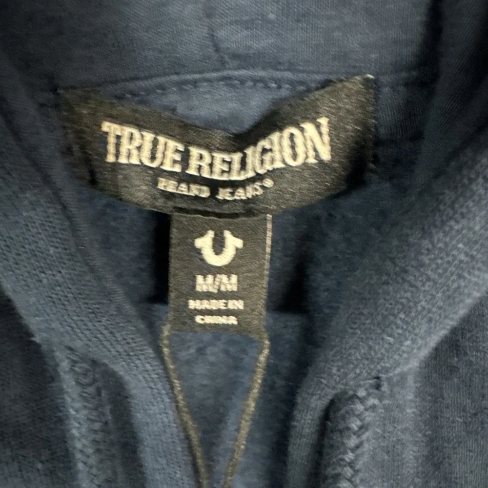 True Religion Full Zip Hoodie Mens Medium Blue Metallic Buddha Sweatshirt NWT